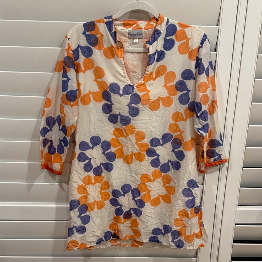 Charlotte Kellogg White Tunic with Orange & Purple Floral Print size large